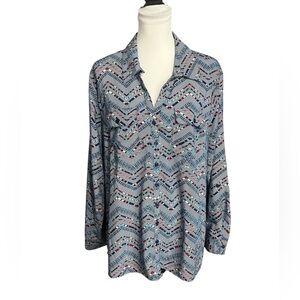 Kim Rogers Curvy Blouse Plus Size 2X Button-down Multicolored Roll Tab Sleeve
